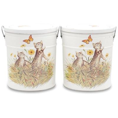 Lot Of 2 Large Metal Storage Lidded Canisters w/Kittens & Butterflies