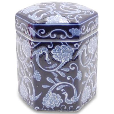 Blue & White Hexagonal Ceramic Canister w/Lid