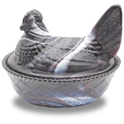 Westmoreland Black & White Marbled Glass Nested Hen Candy Dish