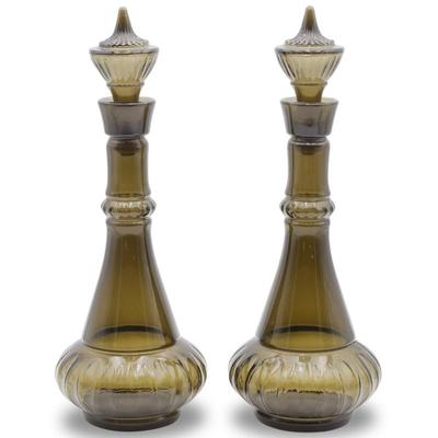 Pair Of Vintage Collectible Jim Beam Smokey Green Crystal Decanters