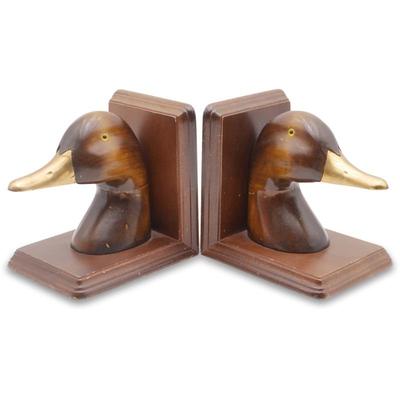 Pair of Vintage Hand-Carved Wooden Duck Head Bookends with Brass Bills