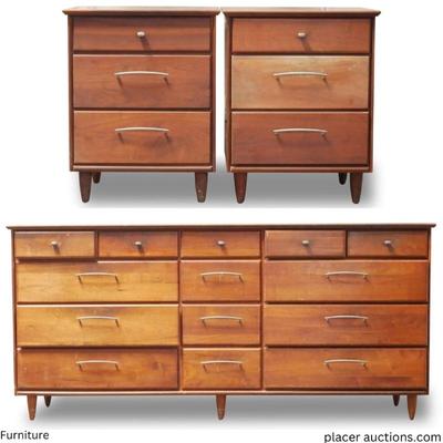Ace-Hi Prelude Line Mid Century Solid Walnut Dresser & Pair of Nightstands