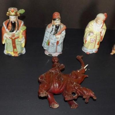 Collection of Oriental Deity Figures and Boy on Rosewood Elephant. 