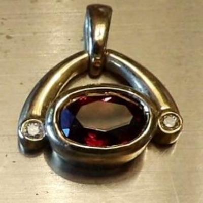 14K Hanging Pendant Set With Garnet and Two 1 Point Diamonds