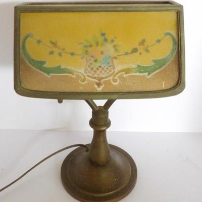 Art Deco Ribbed Reverse Painted Glass Swivel Desk Lamp. Collection of Antique Stick Pins. Rare 19th Century Scrimshawed Horn Snuff Box. 