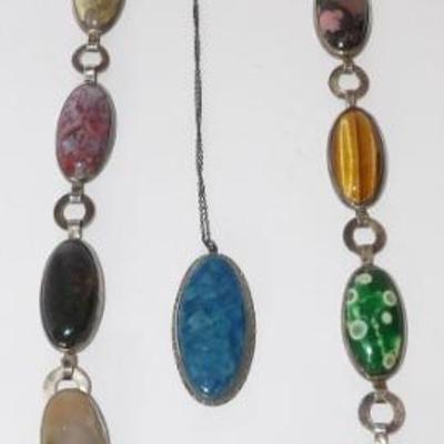 Large Heavy Sterling Multi Link Necklace With Cabochon and Sterling cabochon Stone Necklace.