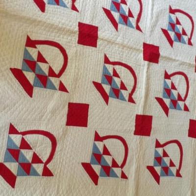 Vintage Red and White Hand Stitched Basket Quilt. 