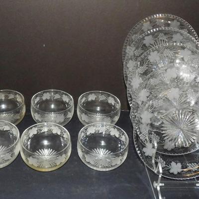 Hawkes Wheel Cut Grapevine Pattern Finger Bowls and Salad Plates
