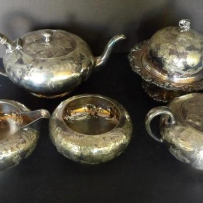 Ornate Victorian Era Five Piece Barbour Silver Co. Repousse Grape and Leaf Décor Tea Set.