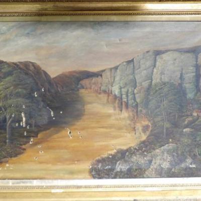 Large Hudson River Oil On Canvas Painting As Found. 