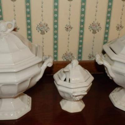 Pair of  19th Century White Ironstone Soup Tureens and Sauce Tureen.