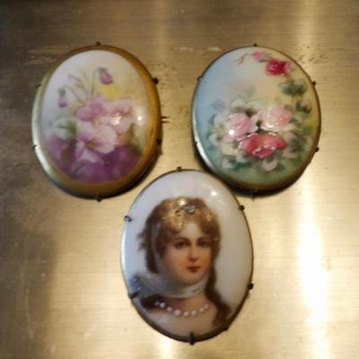 Three Hand Painted Dress Pins. 