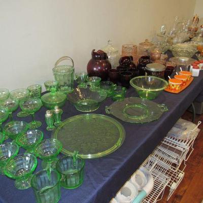 Depression glass- green, pink, ruby red