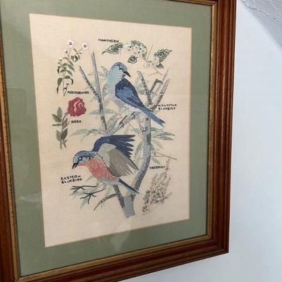 Needlework picture in antique shadow box frame