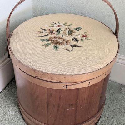 Antique firkin/needlepoint lid