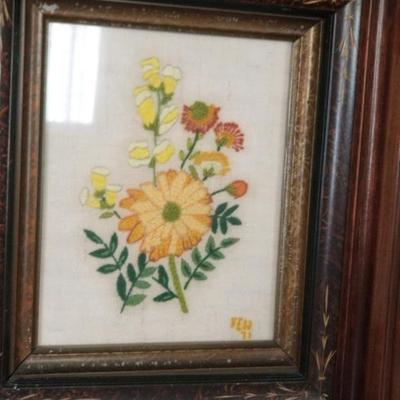 Needlework picture in antique shadow box frame