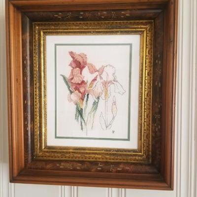 Needlework picture in antique shadow box frame