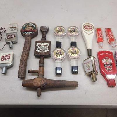#1084 • (14) Beer Tap Handles and (1) Vintage Wooden Bung Tap
