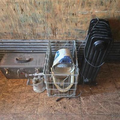 #2300 • Vintage Torch, Craftsman Toolbox, Radiator Heater, and 3M Permissible Helmet Respirator
