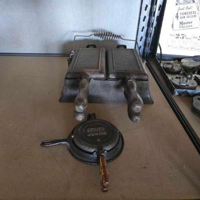 #12082 • Vintage Wagner Twin Cast Iron Waffle Maker and Stover Junior Cast Iron Toy
