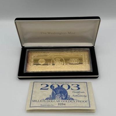 #3048 • 2003 Million Dollar .999 Pure Silver Layered in Pure 24k Gold Bar, 4ozt
