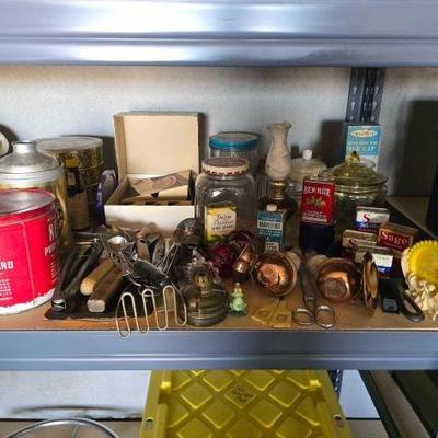 #12110 • Glass, Vintage Tin Cans, Cast Iron Pans, Kitchen Utensils, Kerosene Lamps
