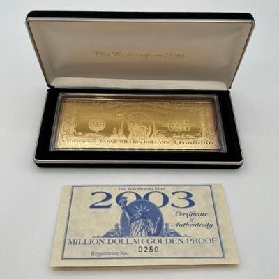 #3036 • 2003 Million Dollar .999 Pure Silver Layered in Pure 24kt Gold Bar, 4ozt
