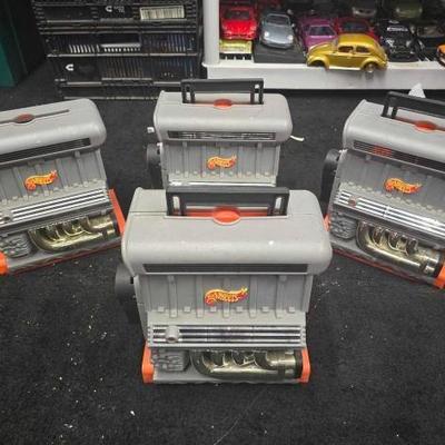 #10756 • (4) Hot Wheels V8 Sto-N-Go Car Carry Cases with Assorted Toy Cars
