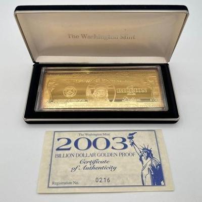 #3012 • 2003 Billion Dollar .999 Pure Silver Layered in Pure 24kt Gold Bar, 4ozt
