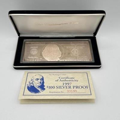 #3114 • 1997 $100 .999 Pure Silver Bar, 4ozt
