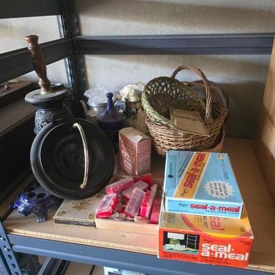 #13078 • Baskets, Seal-a-Meal, Vintage Ashtray, Bottle Caps
