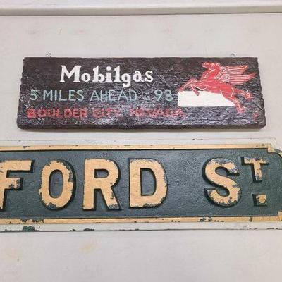#1012 • (1) Cast Iron Embossed Ford St British Street Sign and Wooden Hanging Mobil Sign
