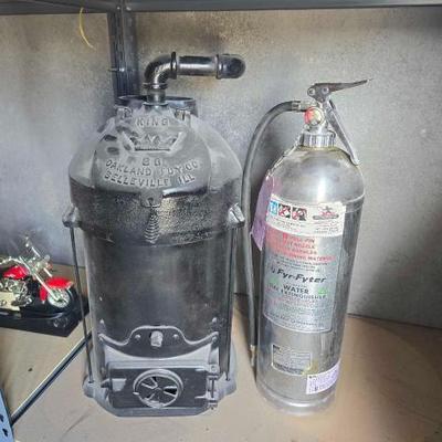 #12188 • Vintage Oakland Foundry Co Warm Air Furnace and Fyr-Fyter Fire Extinguisher
