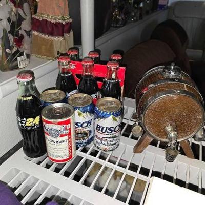 #60510 • Coca-Cola Bottles, Busch Beer Cans, Vintage Budweiser Can, and Barrel
