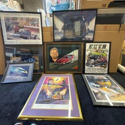 #10352 • (8) Framed NASCAR Artwork / Drag Racing Artwork
