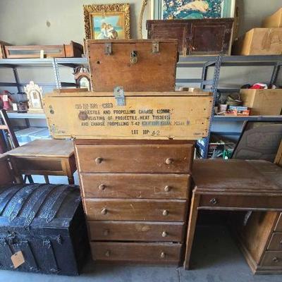 #13618 • Wooden Dresser, Military Ammunition Crate, and Wooden Shipping Box
