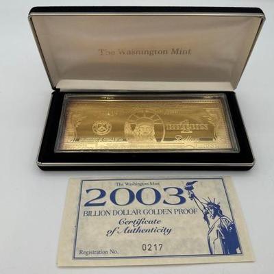 #3014 • 2003 Billion Dollar .999 Pure Silver Layered in Pure 24kt Gold Bar, 4ozt
