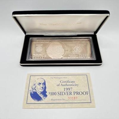#3110 • 1997 $100 .999 Pure Silver Bar, 4ozt
