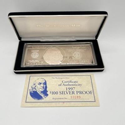 #3116 • 1997 $100 .999 Pure Silver Bar, 4ozt
