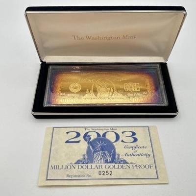 #3040 • 2003 Million Dollar .999 Pure Silver Layered in Pure 24kt Gold Bar, 4ozt
