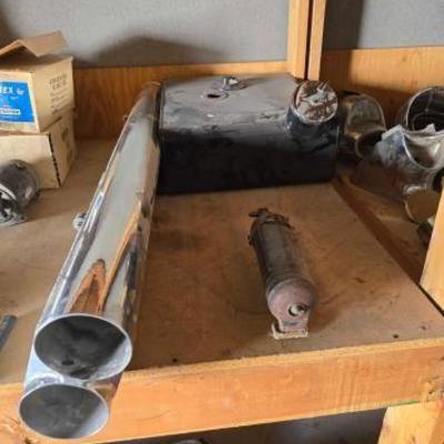 #22028 • Duel Exhaust Pipe, Gas Tank, Vintage Pyrene Fire Extinguisher.
