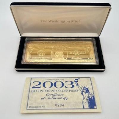 #3004 • 2003 Billion Dollar .999 Pure Silver Layered in Pure 24kt Gold Bar, 4ozt

