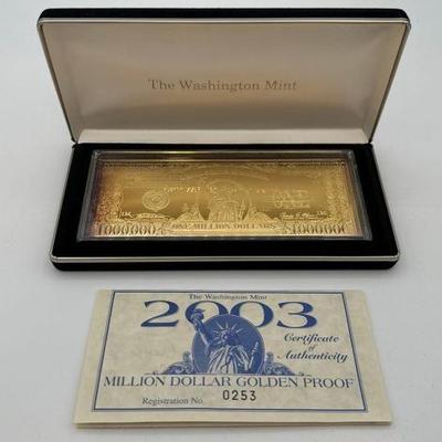 #3042 • 2003 Million Dollar .999 Pure Silver Layered in Pure 24kt Gold Bar, 4ozt
