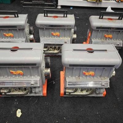 #10754 • (5) Hot Wheels V-8 Sto-N-Go Car Carry Cases with Assorted Toy Cars
