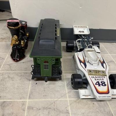 #50612 • 2 Trains Decanters 1 drag car decanter
