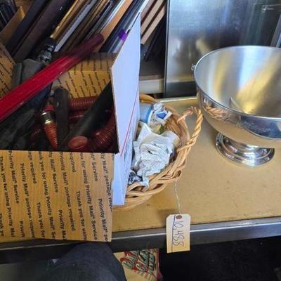 #10488 • Box Of Vintage Vacuum in Parts Umbrella Louis Roederer Champagne
