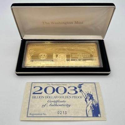 #3010 • 2003 Billion Dollar .999 Pure Silver Layered in Pure 24kt Gold Bar, 4ozt
