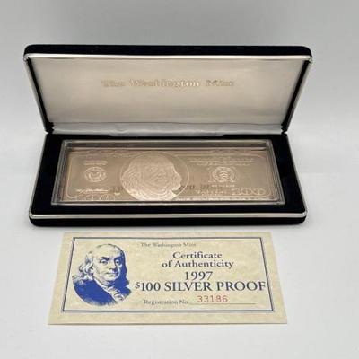 #3112 • 1997 $100 .999 Pure Silver Bar, 4ozt
