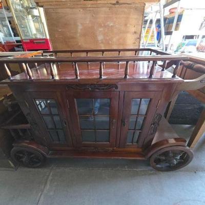 #13606 • Wooden Four Wheel Trolley Bar Cart with Cabinet Storage
