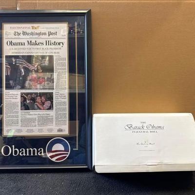 #10380 • Barack Obama Newspaper Art & Barack Obama Inaugural Doll
